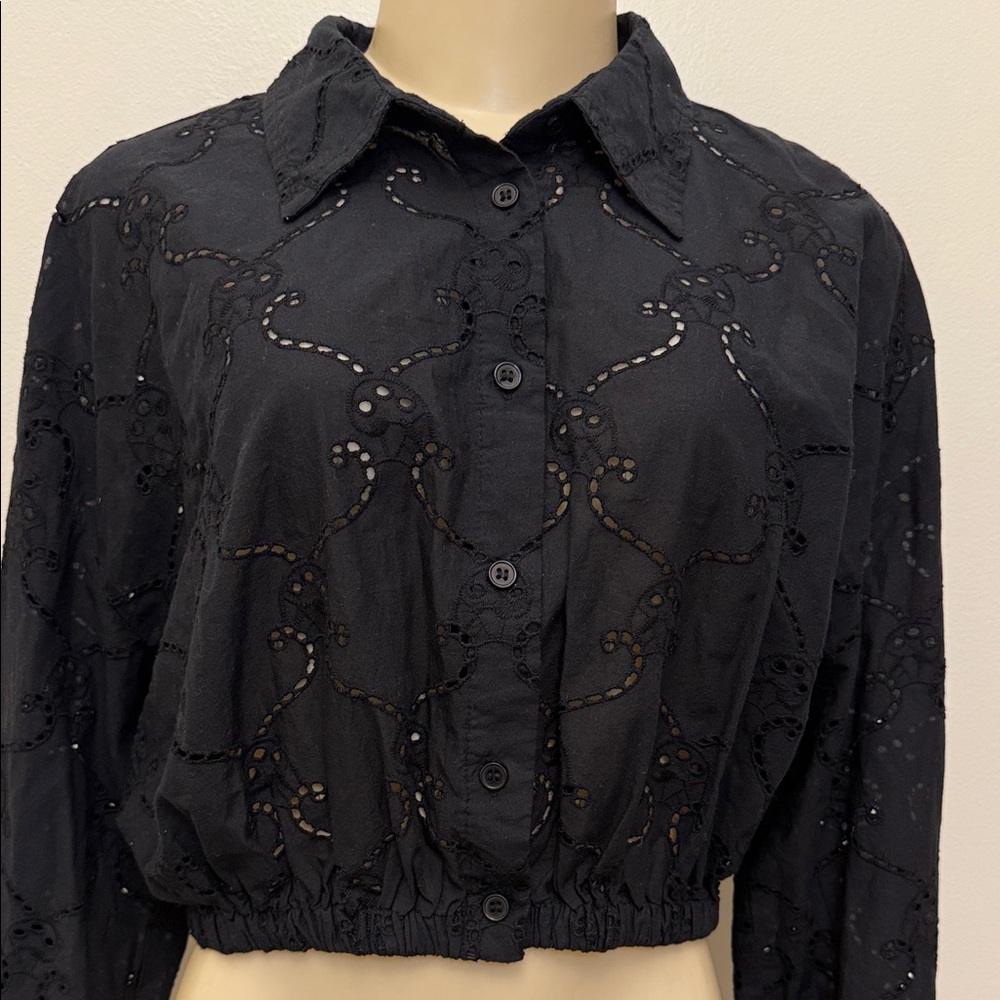 Zara Black Eyelet Embroidered Cropped Collared Button-Up Blouse Cottage Size L